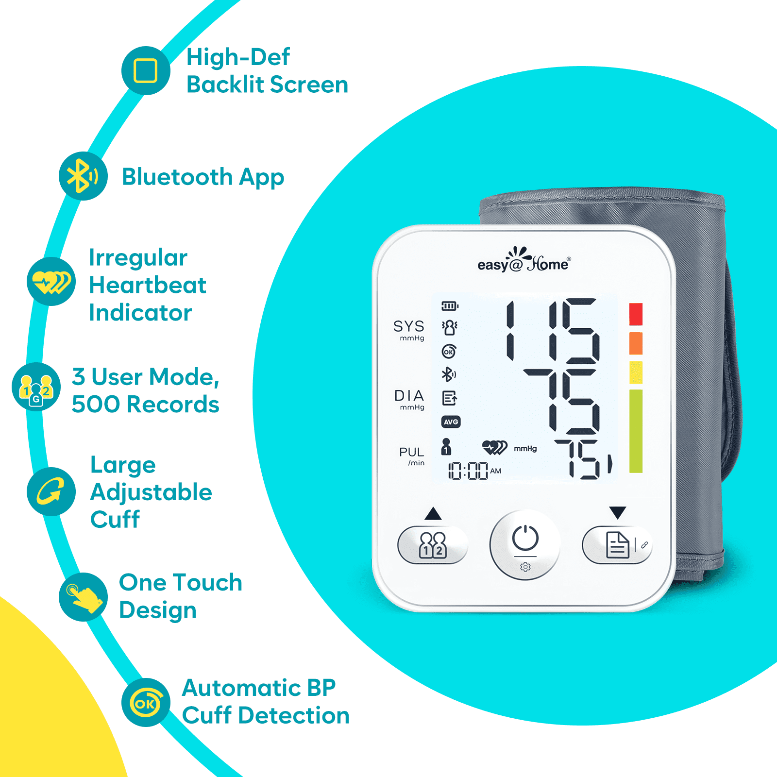 Easy@Home Bluetooth Upper Arm Blood Pressure Monitor with Backlit LCD Display, Adjustable Cuff, Kit with Storage Bag, Batteries, and USB Cable