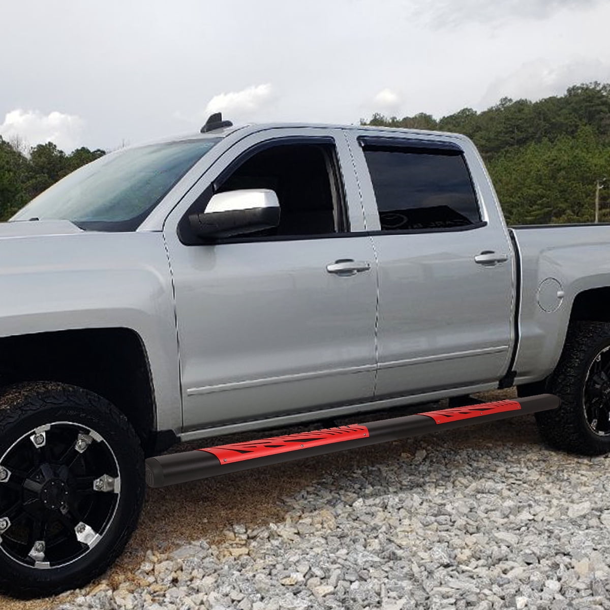 DNA Motoring 5" OD Side Step Nerf Bars Running Boards for 2019-2022 Ram 1500 Crew Cab, Black / Red