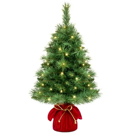 Tabletop Tree Decor Best Choice Products 26in Pre-Lit Tabletop Fir Artifical Christmas Tree Decor w/ 35 Warm White LED Lights, Timer - Green ()