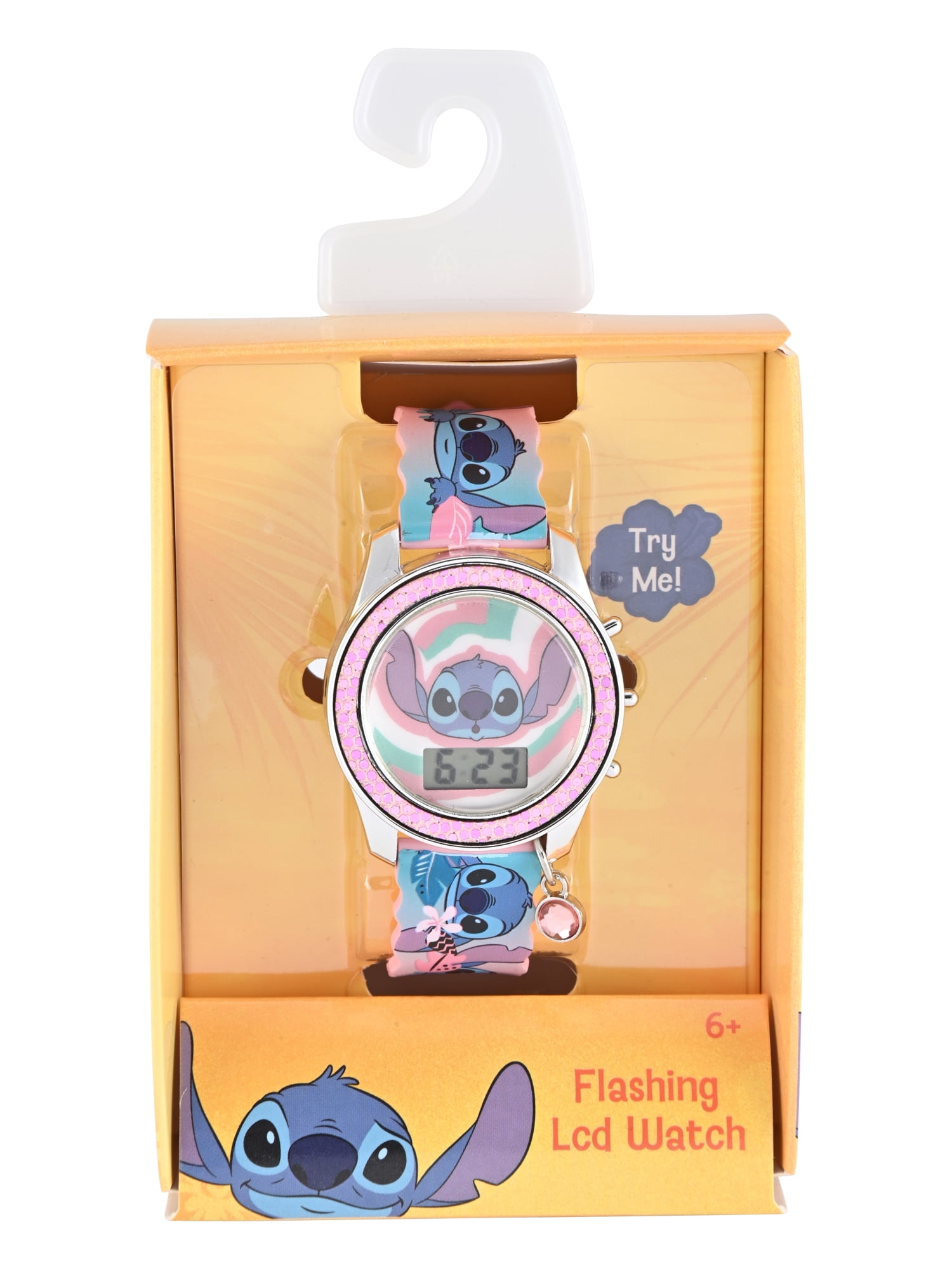 Disney Lilo & Stitch Pink Scalloped Silicone Strap with Pink Crystal Bezel Watch; LAS4095WM