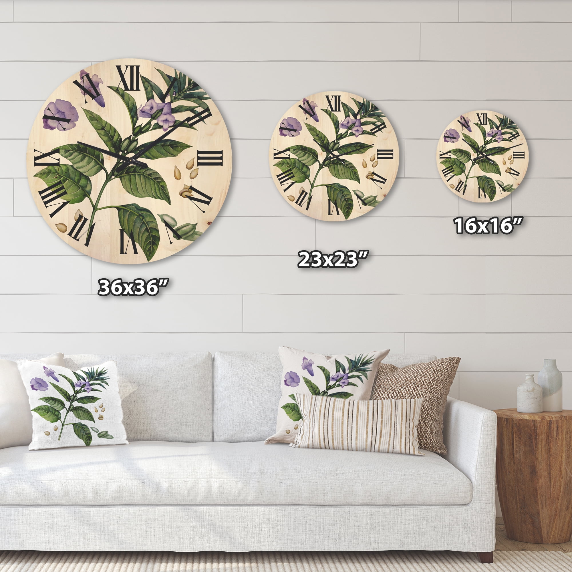 Designart 'Purple Sesame Flowers WIth Green Leaves On White' Traditional Wood Wall Clock