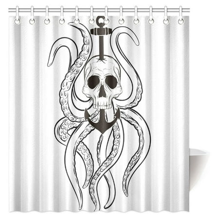 MYPOP Nautical Decor Shower Curtain, Skull Octopus and Anchor Pirate Ocean Classic Tattoo Style Artwork Bathroom Shower Curtain with Hooks, 66 X 72 Inches