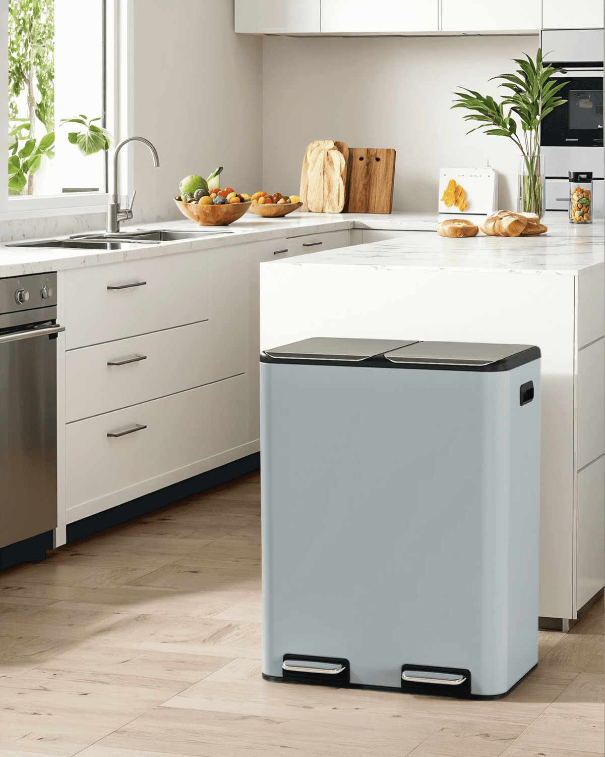 TLSUNNY 60L Dual Kitchen Trash Can, with 2 Odor Control Box, 16 Gal Double Lid Kitchen Bin with 2 Inner Buckets