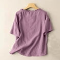 thumbnail image 3 of JGGSPWM Women Ruffle Crew Neck Linen Embroidered Summer Short Sleeve Cotton Tops Peasant Tunic Boho Blouses Purple M, 3 of 6