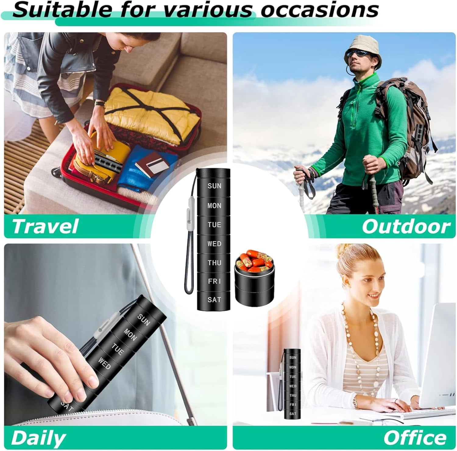 7 Day Pill Organizer Small Travel Size, Weekly Pill Case with Removable Days, Portable Pill Container Waterproof Bpa Free Aluminum Medicine Pill Box, Detachable Daily Pill Holder
