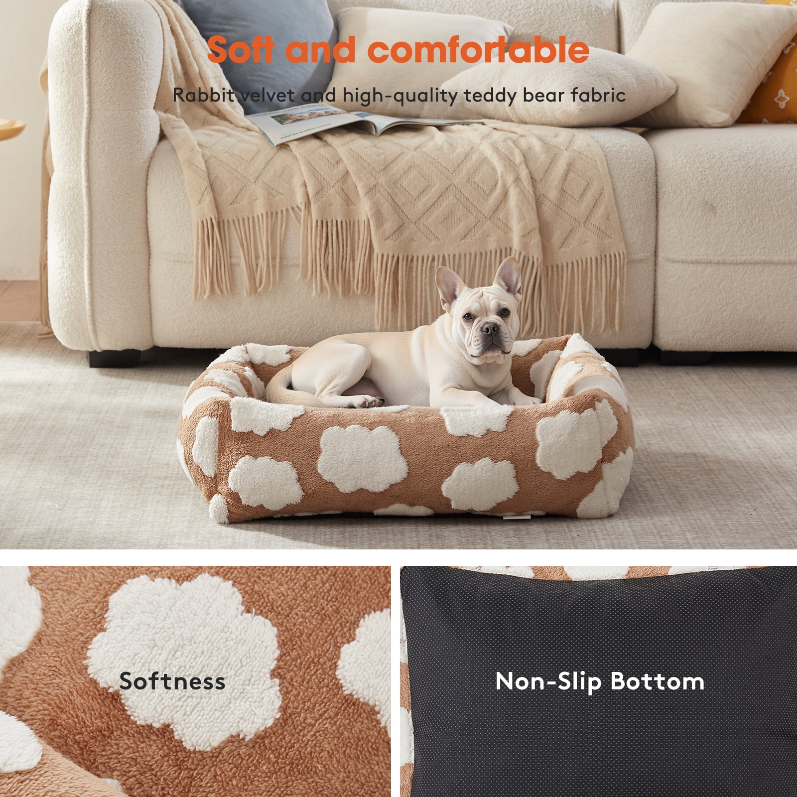 Cute Dog Bed for Medium Dogs, Cozy Rectangle Orthopedic Sofa , Washable Pet Beds with Jacquard Shaggy Plush and Anti Slip Bottom, Brown, 25"x21"x7"