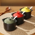 thumbnail image 2 of Retro Casserole Shape Sugar Bowl, Color Lid Salt Pig With Ceramic Spoon, Ceramic Sugar Pot, Porcelain Spice Jars-green-3 Set, 2 of 7