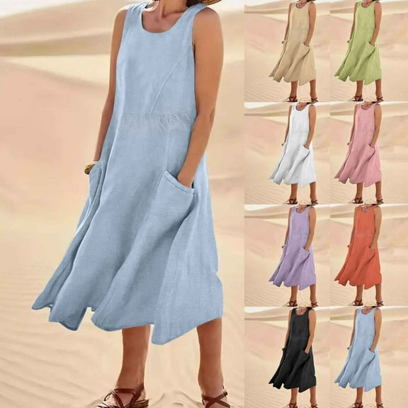 USSUMA Summer Dresses for Women 2025 Summer Dresses Sleeveless Crew Neck Casual Solid Color Dress with Pocket Maxi Dress Casual Skirts Breathable Dresses Work Black Dress Size-L