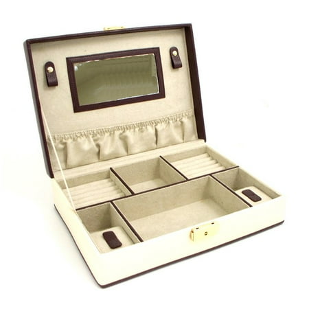 Ivory and Brown Leather Locking Travel Jewelry Box - 11.75W x 3.25H in.