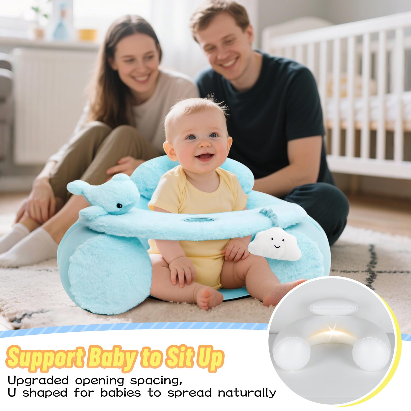 Baby Sit Me Up Seat, Inflatable Baby Seat with Cover for Babies 3-36 Months,Portable,Inflatable Sit & Play Floor Seats for Sitting Up (Blue)
