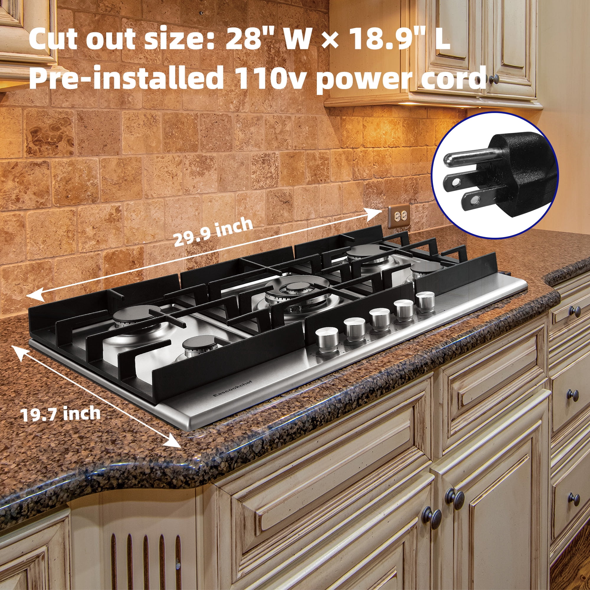 Amzgachfktch 5 Burners Gas Cooktop Stove Oven 30 inch Stainless Natural Gas/LPG Convertible Built-in