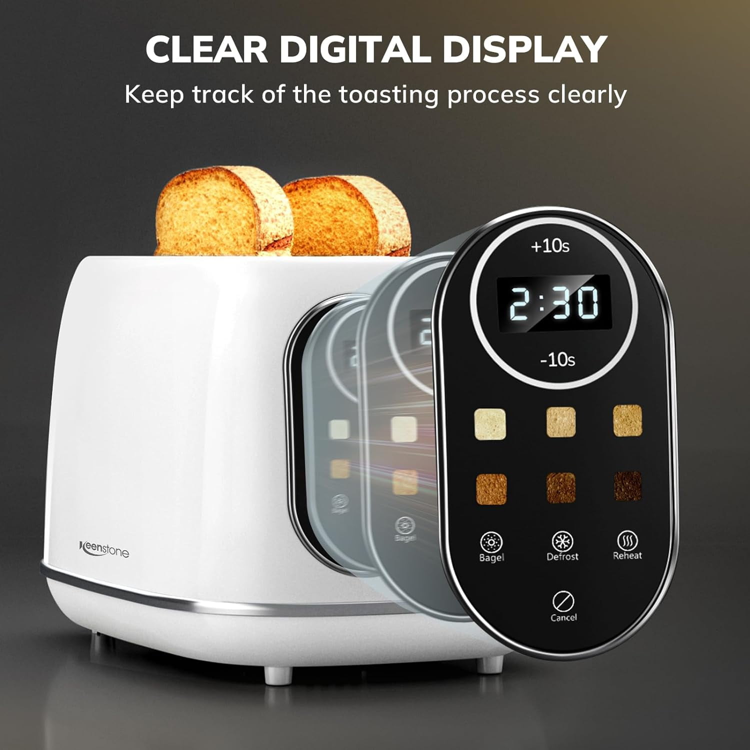 Smart Touch Screen Toaster 2 Slice, Retro Wide Slot Stainless Steel Toaster with 6 Browning Levels, Reheat & Defrost, for Bagel, Toast, Bread, Removable Crumb Tray, Black