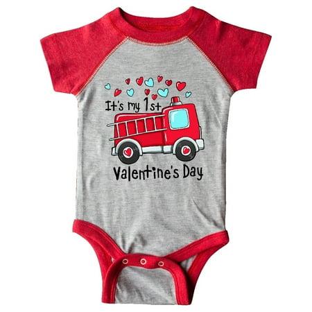

Inktastic It s My 1st Valentine s Day Fire Truck with Cute Dalmatian Gift Baby Boy or Baby Girl Bodysuit