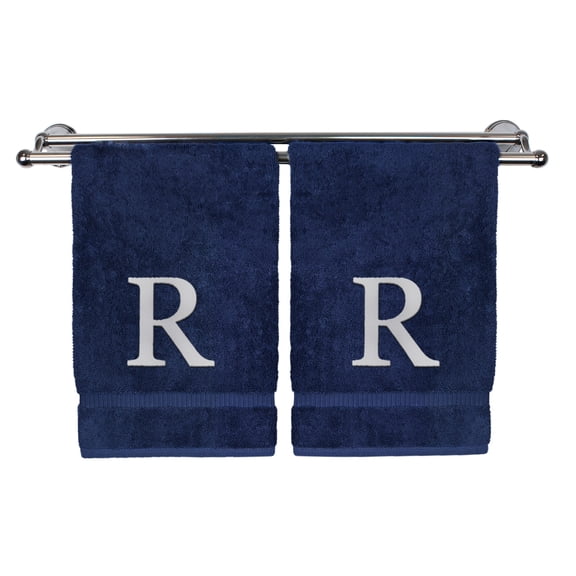 Monogrammed Hand Towel, Personalized Gift, Set of 2- White Block Letter Embroidered Towel - Extra Absorbent 100% Turkish Cotton - Soft Terry Finish - Initial R Navy