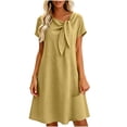 thumbnail image 2 of Karymi Dresses for Women Fake Cotton Linen Midi Dress, Short Sleeve V-Neck Bow Tie Neck Shift Dress with Back Zipper and Side Slits, Solid Loose Dress Maxi Dress, 2 of 8