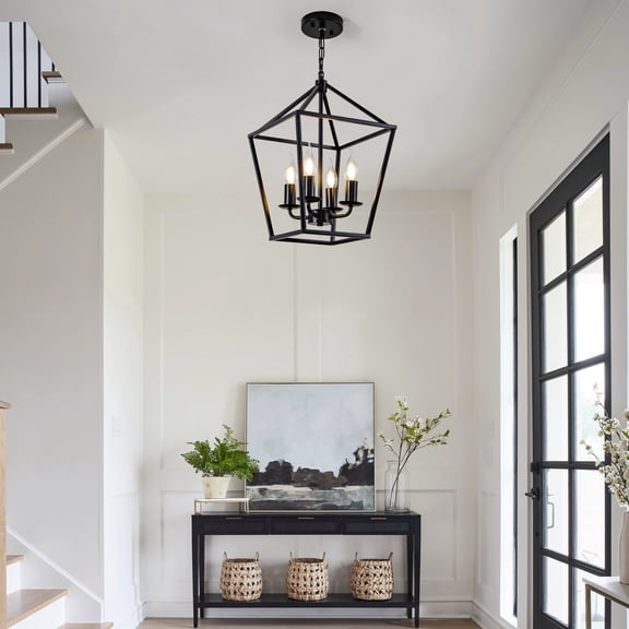 4-Light Farmhouse Pendant Light, Black Kitchen Island and Dining Room Pendant, Industrial-Style Adjustable-Height Metal Cage Lantern Ceiling Light for Entryway(Bulbs Not Inc