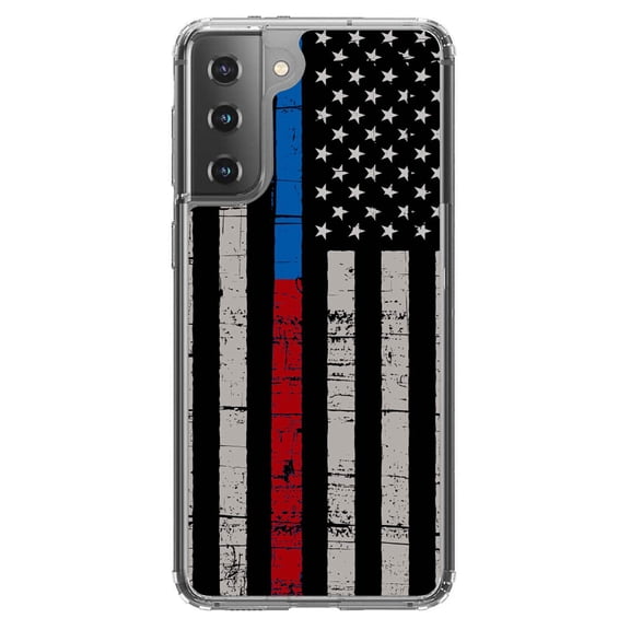 DistinctInk Clear Shockproof Hybrid Case for Galaxy S21 5G (6.2" Screen) - TPU Bumper, Acrylic Back, Tempered Glass Screen Protector - Thin Blue Line Thin Red Line US Flag - First Responders