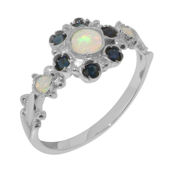 LBG British Made Solid 925 Sterling Silver Natural Opal & Sapphire Womens Anniversary Ring - 33 size options - Size 12