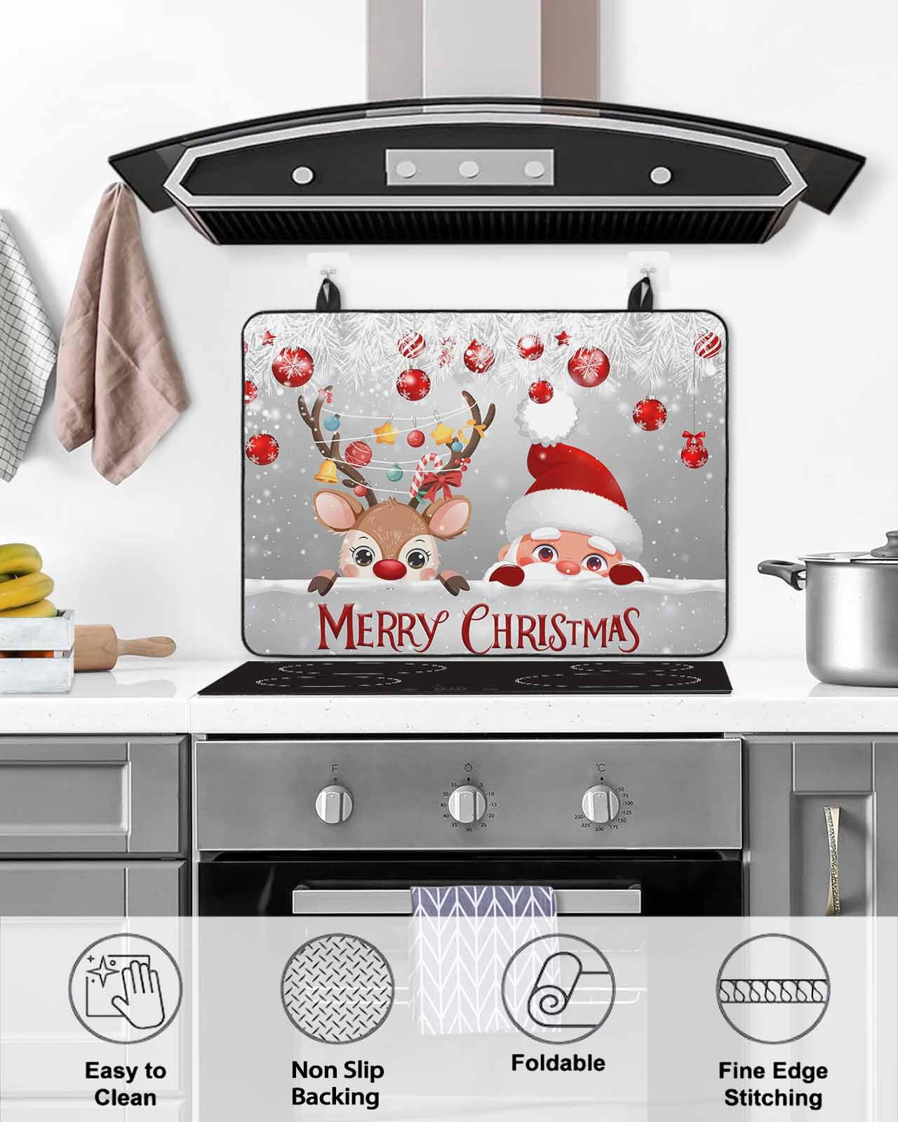Large Induction Cooktop Protector Mat Christmas Stove Top Covers for Electric Stove, Cute Santa Claus Reindeer Red Xmas Balls Snowy Grey Decorative Stove Burner Cover Mats, Glass Top Stove Cover