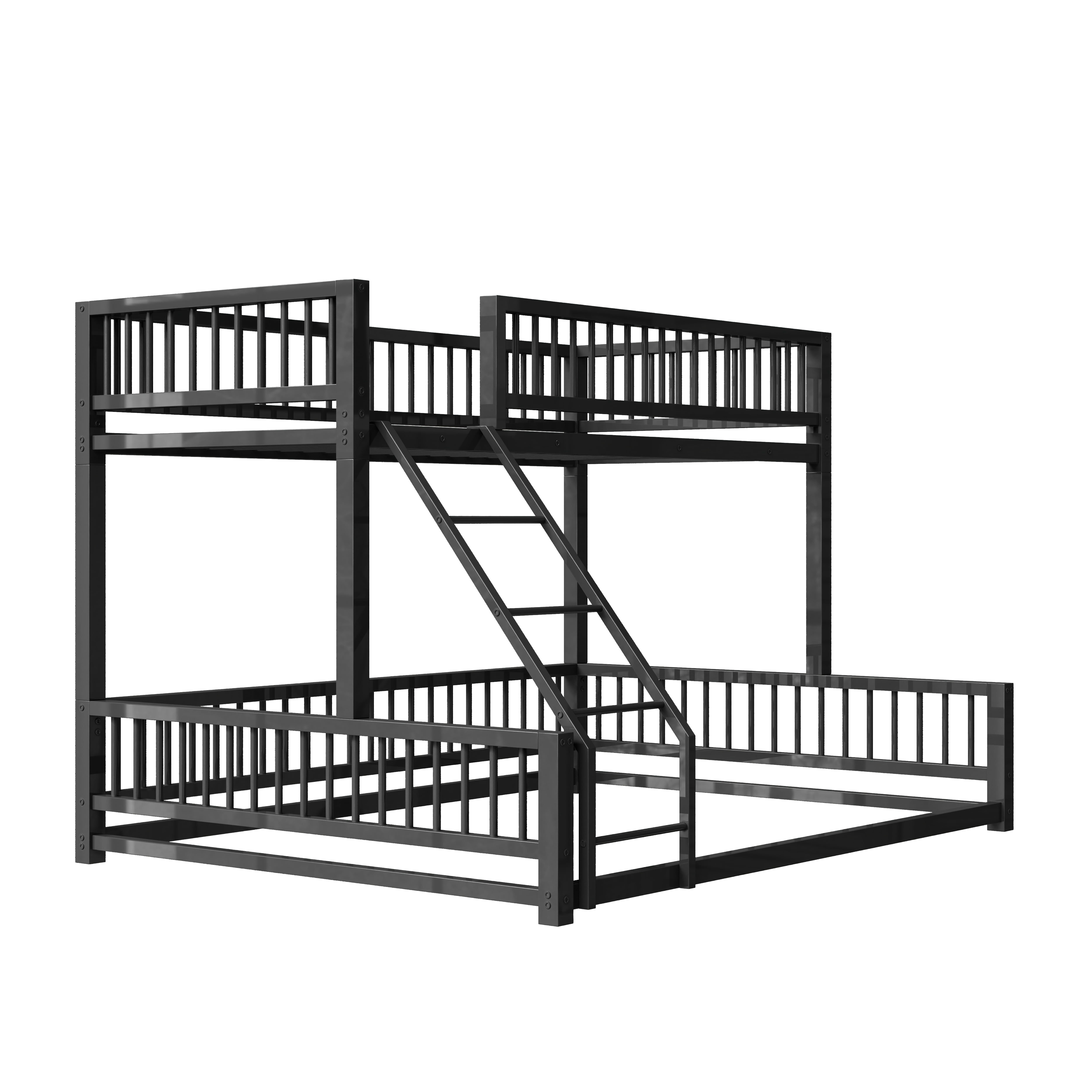 Leumius Twin XL over Queen Bunk Bed,Heavy Duty Metal Bunk Beds for Adults and Kids,Floor Bed Frame with Ladder and Safety Guardrails, Easy Assemble,Black