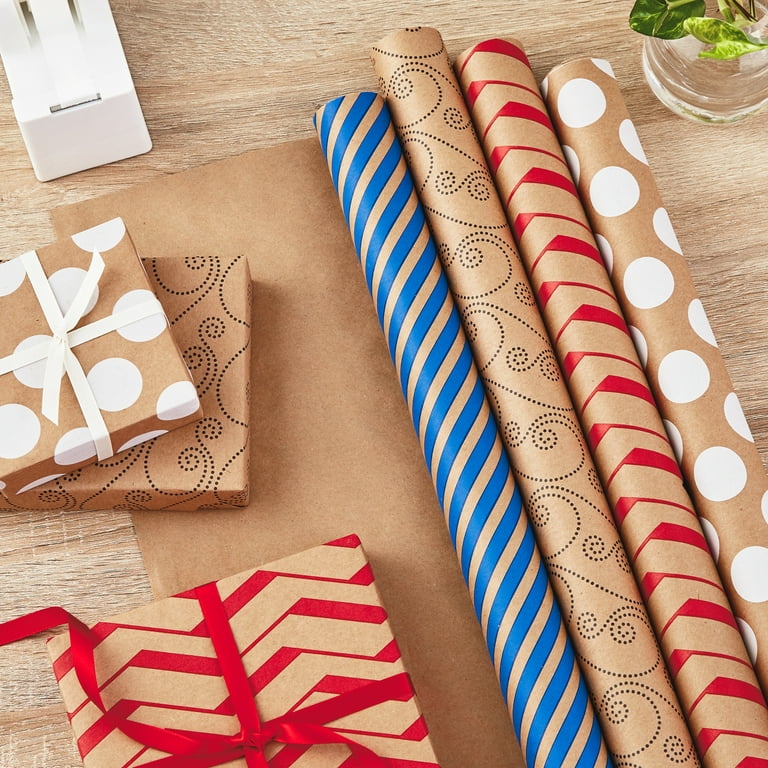 Colorful Christmas 4-Pack Kraft Wrapping Paper Assortment, 88 sq