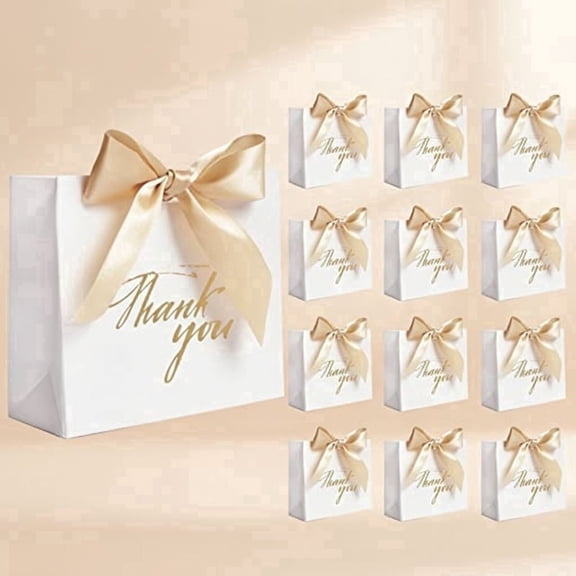 24Pack Small Thank You Party Favor Bags Treat Boxes with Gold Bow Ribbon, White Paper Gift Bags Bulk for Wedding Baby Shower Business Supplies