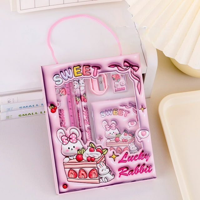 2026 Back to School 6-Piece Stationery Set, Cute Cartoon Kit with Pencils, Sharpener, Eraser & Ruler for Design Students, Creative Gift for Kids & Teens - C