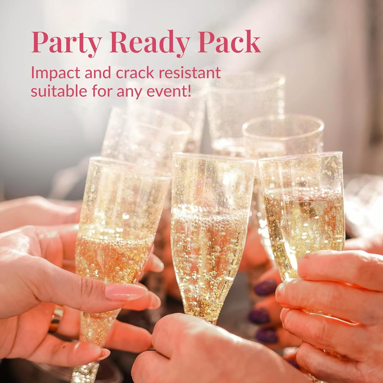 200 Disposable Champagne Flutes Gold Glitter Glasses - 6 Oz Plastic Champagne Cups for Parties, Wedding Toasts, Mimosa Bar, and New Year’s Eve - Elegant Bulk Gold Plastic Wine Flutes