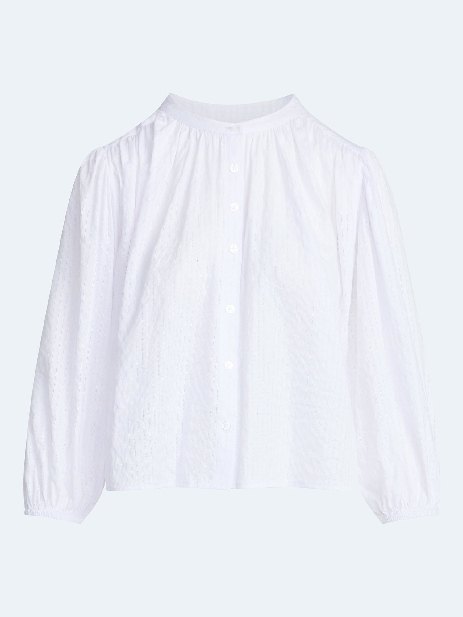Free Assembly Women's Shirred Cotton Button Down Blouse with Long Sleeves, Sizes XS-XXL