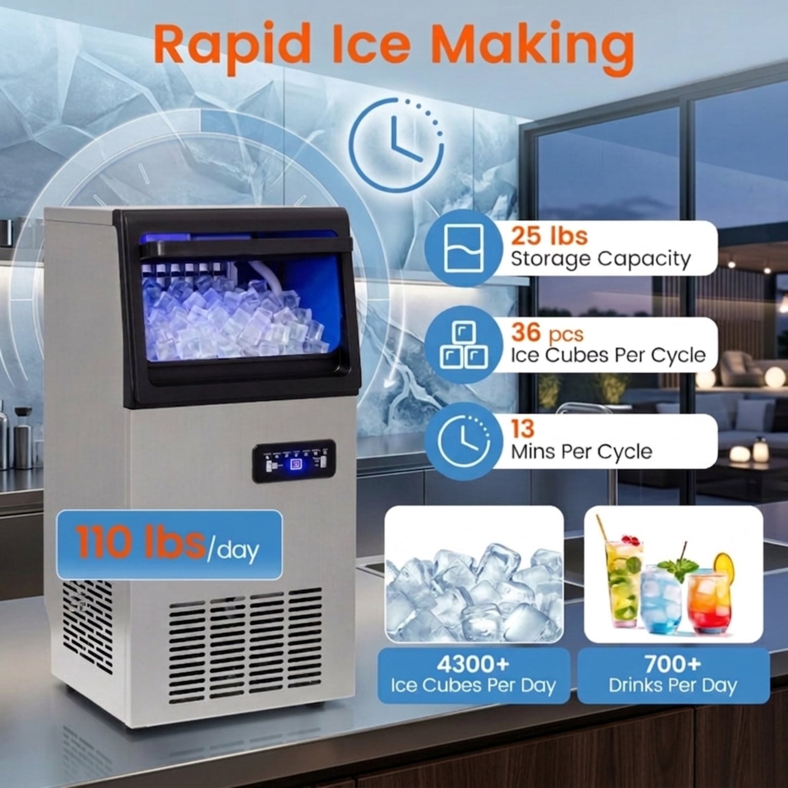 RUIE Stainless Steel Commercial Ice Maker 110 lbs/24H, Countertop Freestanding Ice Machine with 25 lbs Storage Bin for Home Bar Office Restaurant