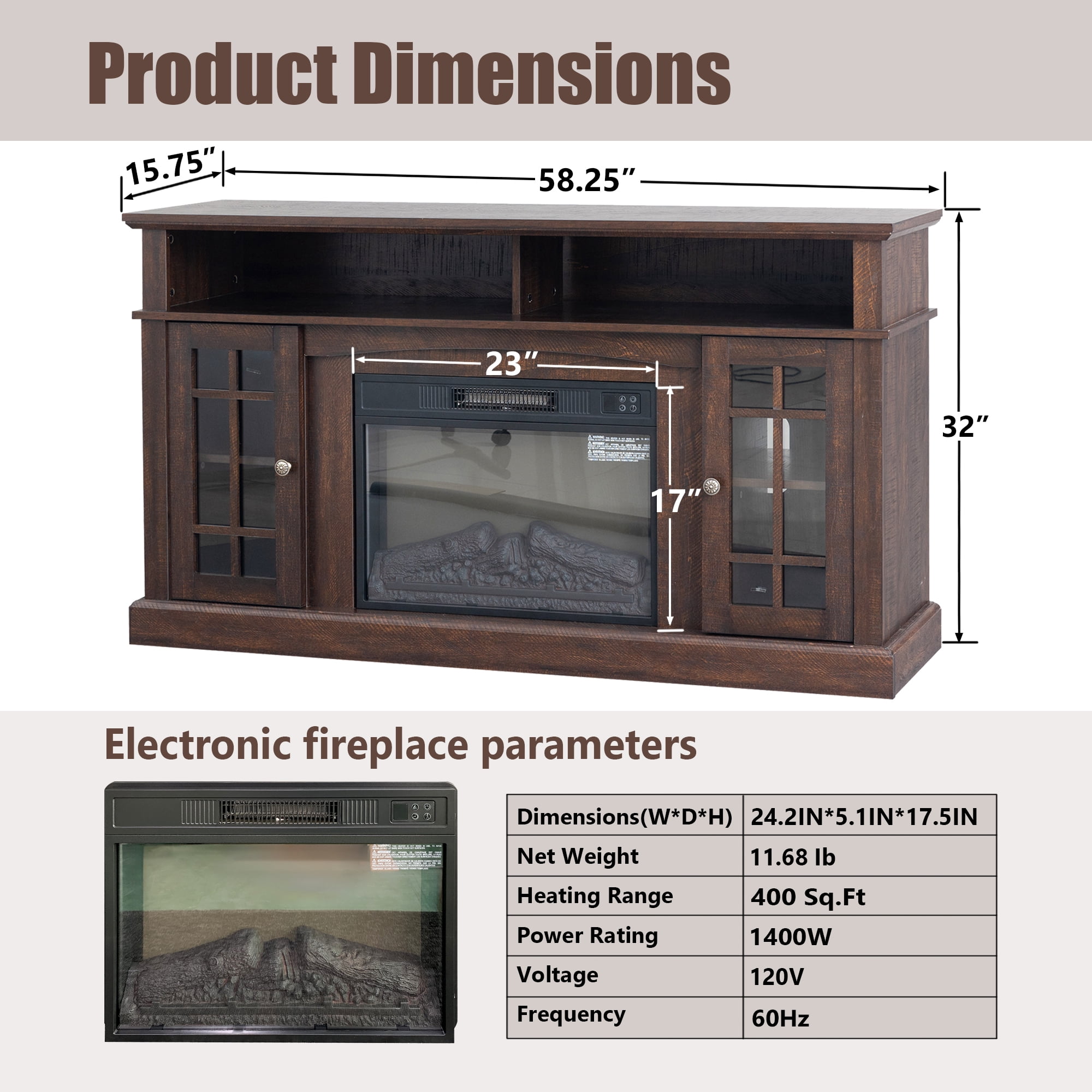 58" Farmhouse TV Stand with 23" Electric Fireplace Heater, Rustic Entertainment Center for TVs up to 65", Multi-Storage Cabinets, Espresso