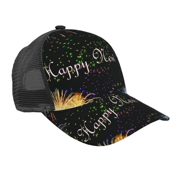 Men Women Firework Happy New Year Adjustable Trucker Hat Lightweight Mesh Back Baseball Cap One Size