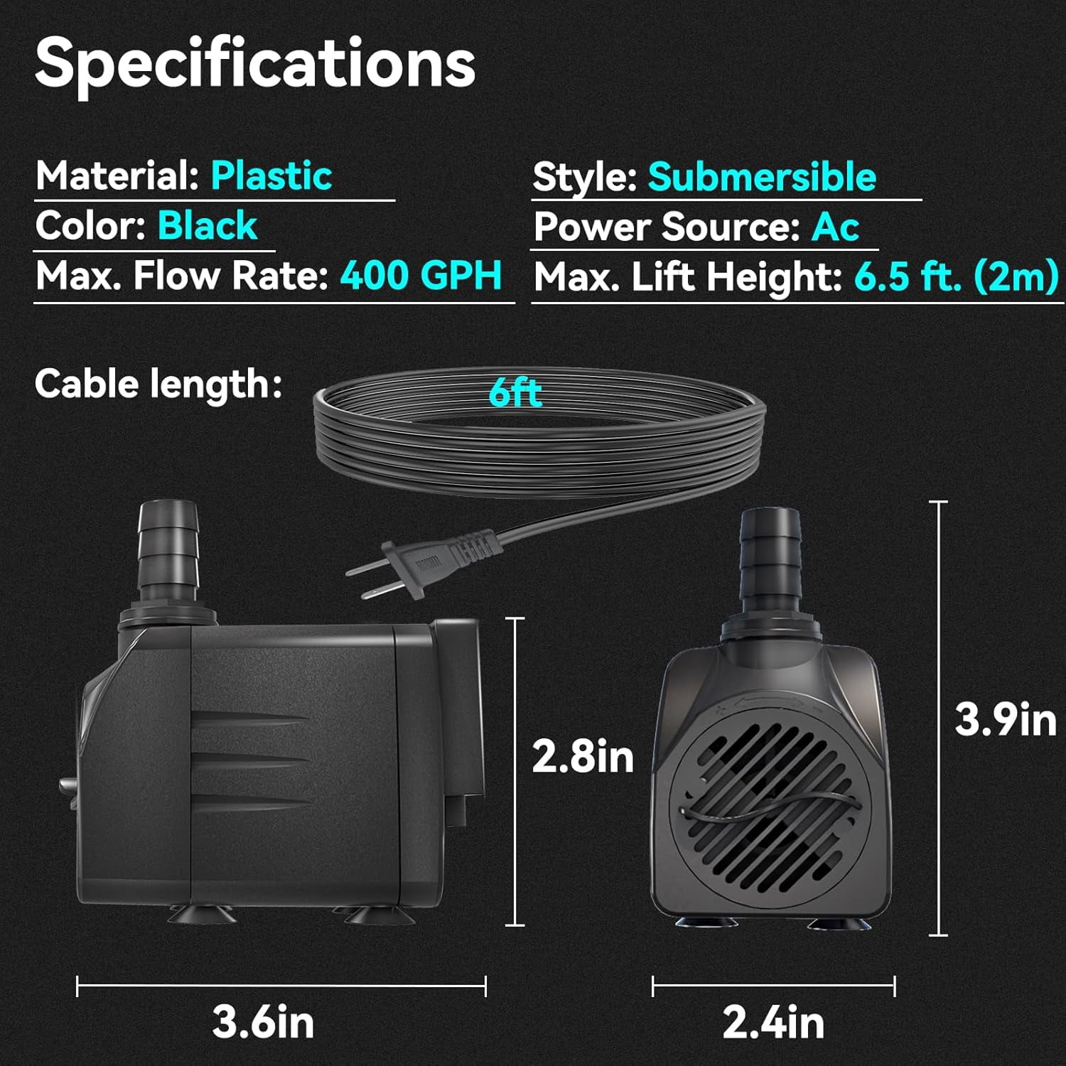 HIBIBUD 400GPH Auto-Shut-OFF Submersible Pond Pump (1500L/H 25W) Ultra Quiet Fountain Water Pump with 6.5ft High Lift, 3 Nozzles for Aquarium, Fish Tank, Pond, Hydroponics, Statuary, Water Feature.