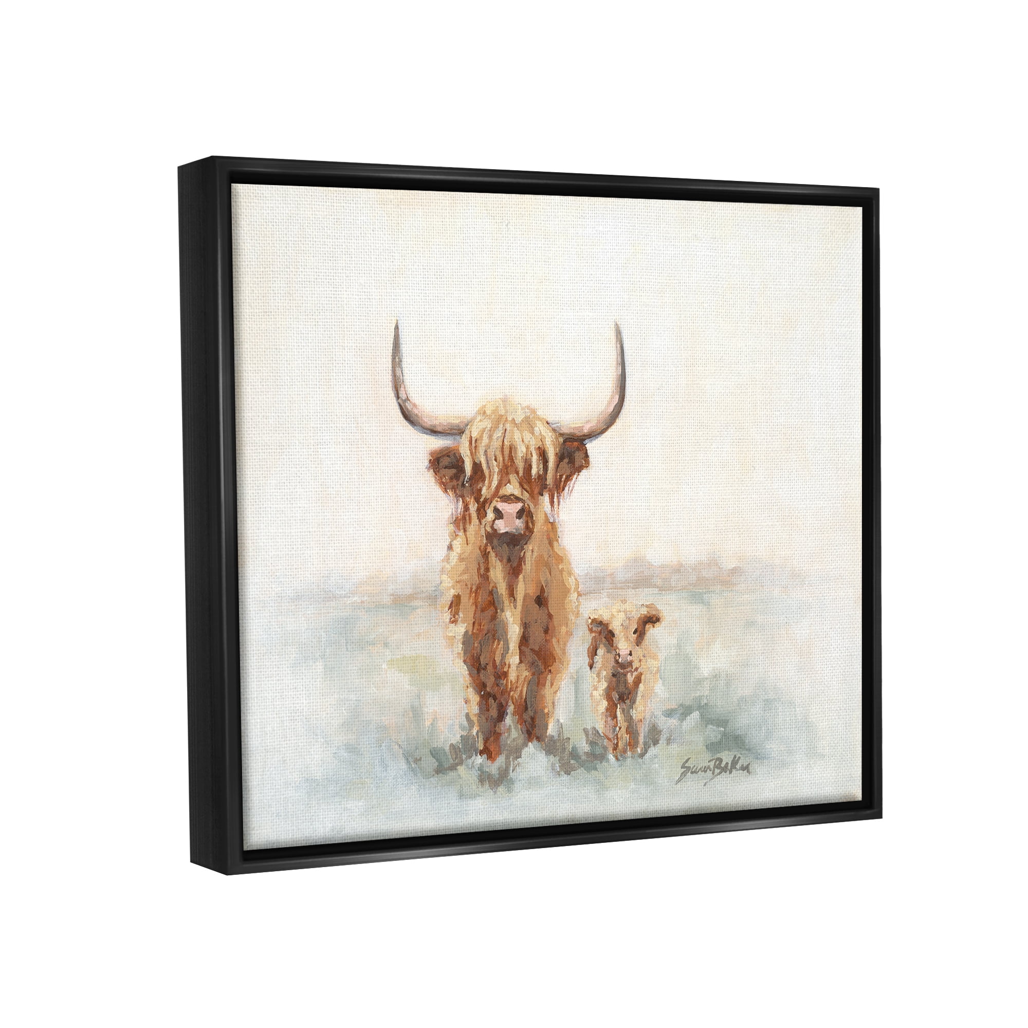 Stupell Highland Cattle & Baby Calf Rural Animals & Insects Painting Black Floater Framed Art Print Wall Art