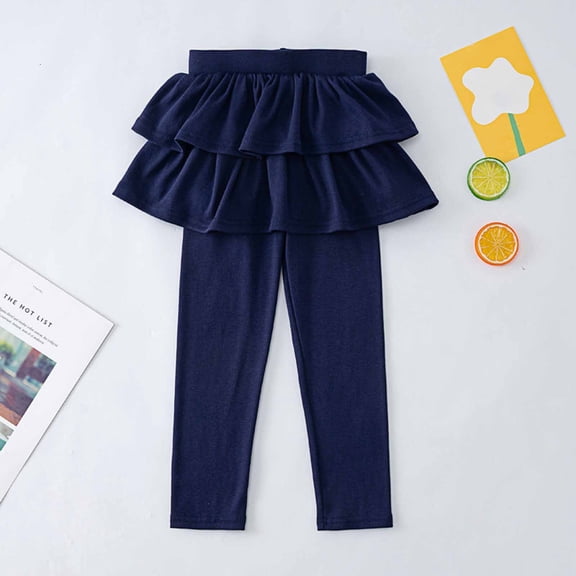 CQONEPT Girls Leggings with Skirt for Girls School Uniform Pants Ruffle Pants Skinny Leg Pull On Clothes Navy 130