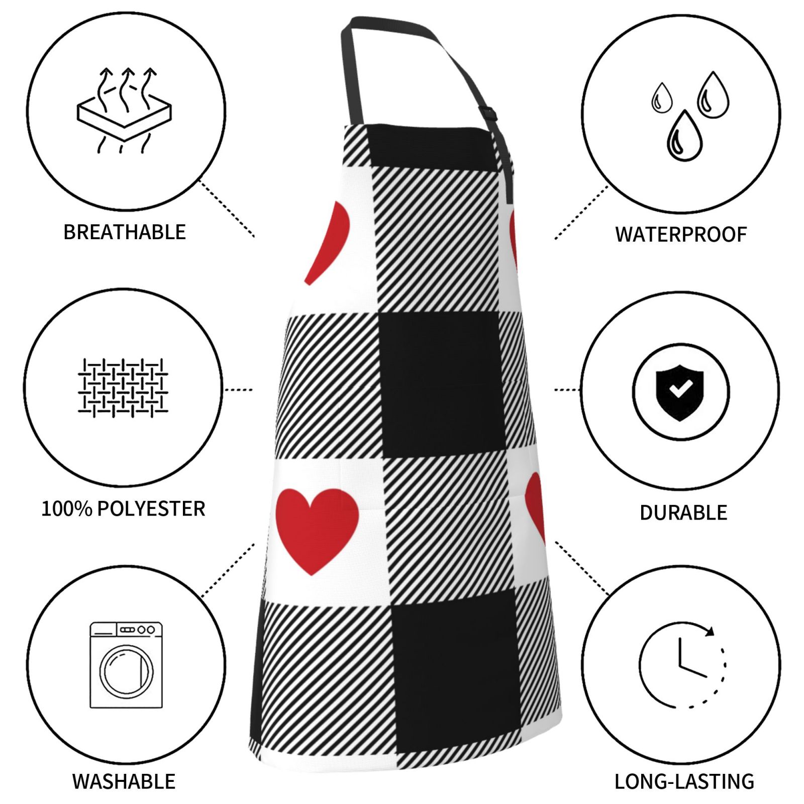 Kdxio Heart Black Buffalo Plaid Gingham Apron with Pockets Adjustable Kitchen Aprons for Men Women Waterproof Aprons for Cooking,Drawing,Crafting, Baking Household Cleaning