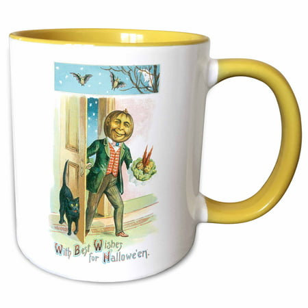 3dRose Vintage Halloween With Best Wishes with a Pumpkin Man and a Black Cat - Two Tone Yellow Mug,