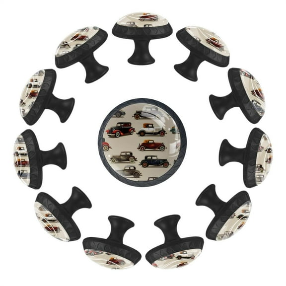 Vintage Colorful Cars Pattern 35MM Round Glass Cabinet Knobs, Kitchen Knobs for Drawer Dresser Cupboard Wardrobe Modern Pulls Handles Hardware, Set of 12