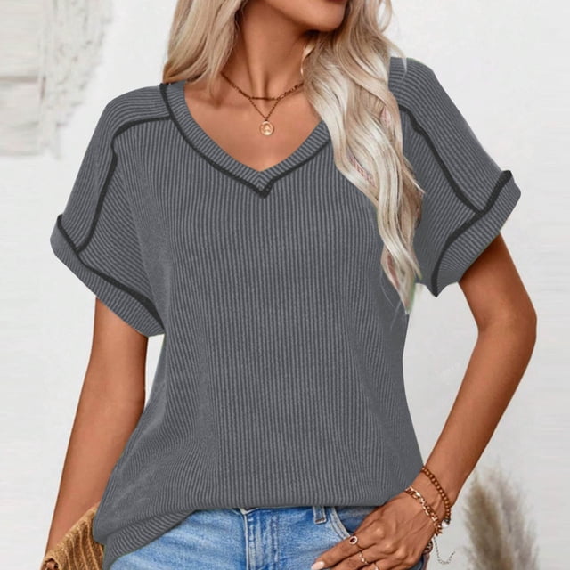 Soki Women's Tops Basic Casual V Neck Solid Color Pleated Short Sleeved Tee