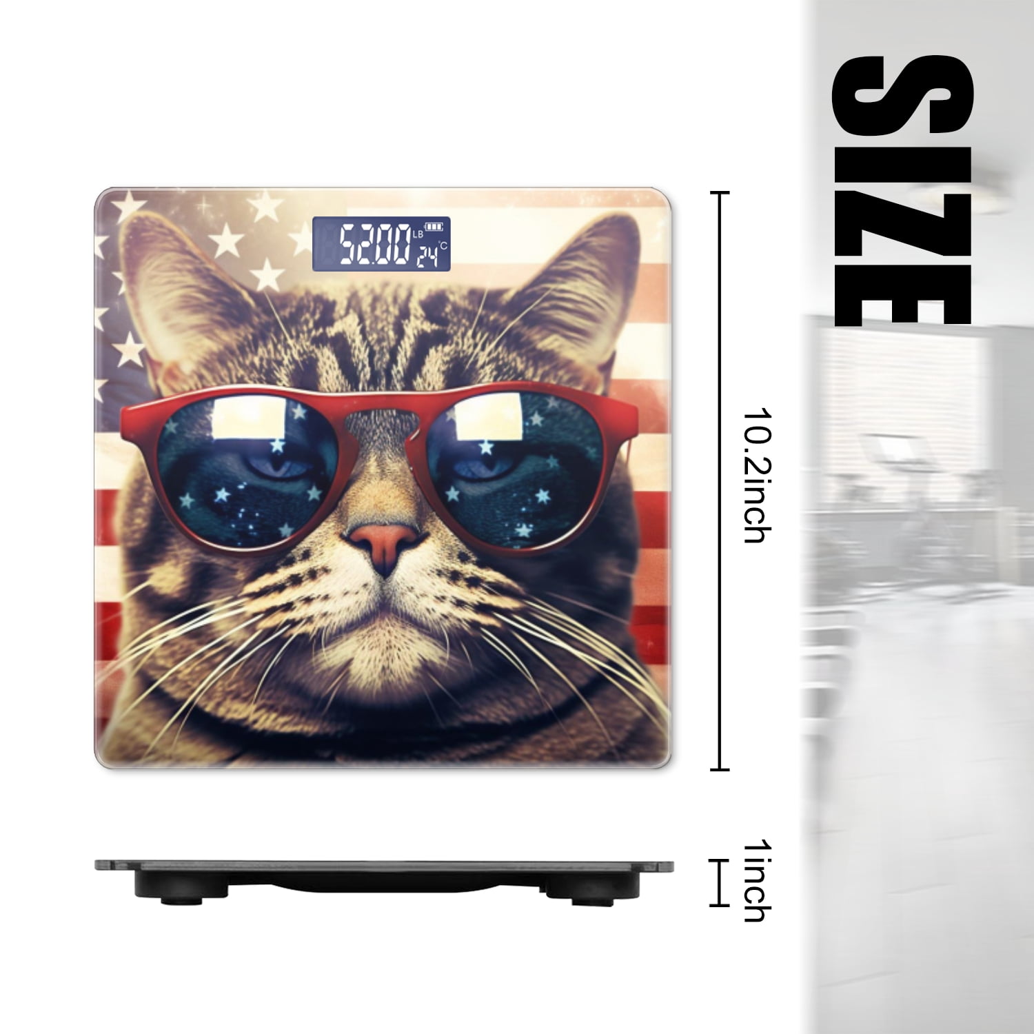 Bathroom Scale, Highly Accurate Digital Body Scale,Precisely Measures Weight up to 400 lbs-Cat Wearing Sunglasses With The American Flag In The Background