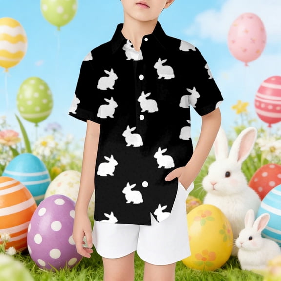 Boys Tshirts Boys Easter Bunny Print Short Sleeve Button Down Shirt with Pocket Girls' Tops Black 3-4 Years