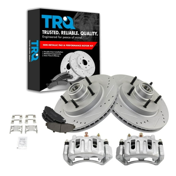 TRQ Front Performance Brake Pad & Rotor Kit Brake Caliper Brake Pads Brake Rotors Set Semi-Metallic Vented Premium G-Coated Fits Select 1997-1999 Ford F-150