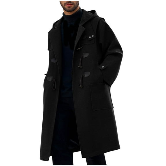 IYTR Mens Hooded Trench Coat Fall Winter Long Sleeve Hooded Warm Jackets Long Sleeve Solid ColorTrench Coat Outerwear (Black,M)