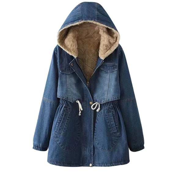 Oksale Sherpa Jackets for Women Trendy Fleece Lined Denim Jacket Full Zip Hooded Jackets with Pockets Warm Winter Trench Coats Blue M