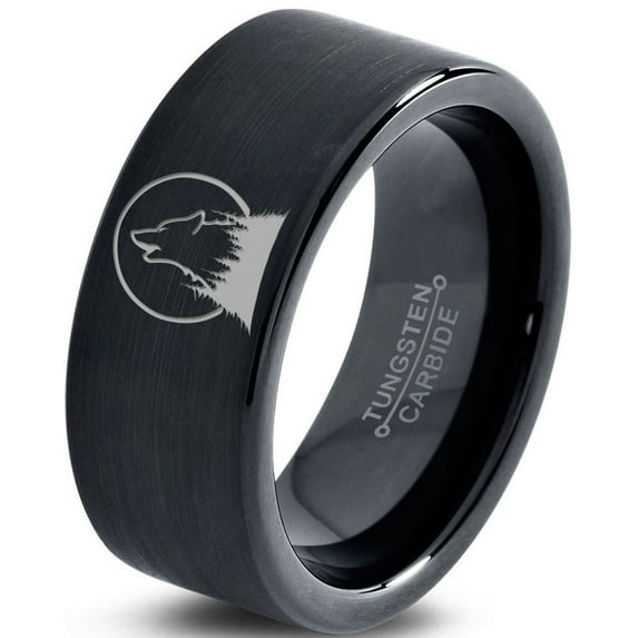Tungsten Howl At The Moon Wolf Wild Soul Band Ring 9mm Men Women Comfort Fit Black Flat Cut Brushed Polished