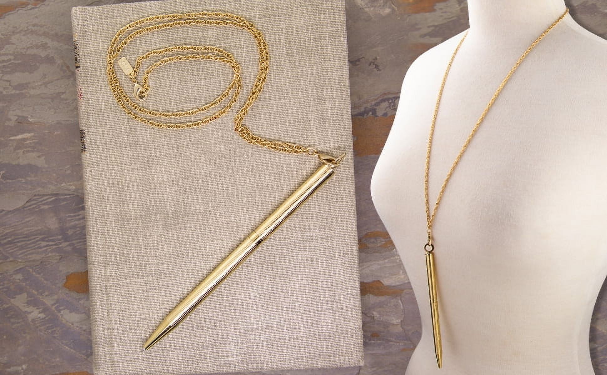1928 Jewelry Mid Century Textured Barrel Ball Point Pen Pendant Necklace for Women, 28 Inch, 14K Gold Dipped