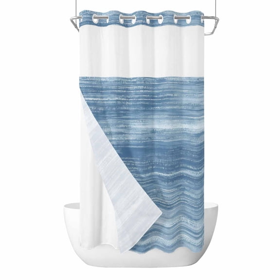 No Hook Blue Shower Curtain with Snap in Liner Set, Vintage Modern Abstract Art Ombre Waterproof Fabric Bathroom Curtains with See Through Top Window, Hotel Style Small 36 x 78 Inch