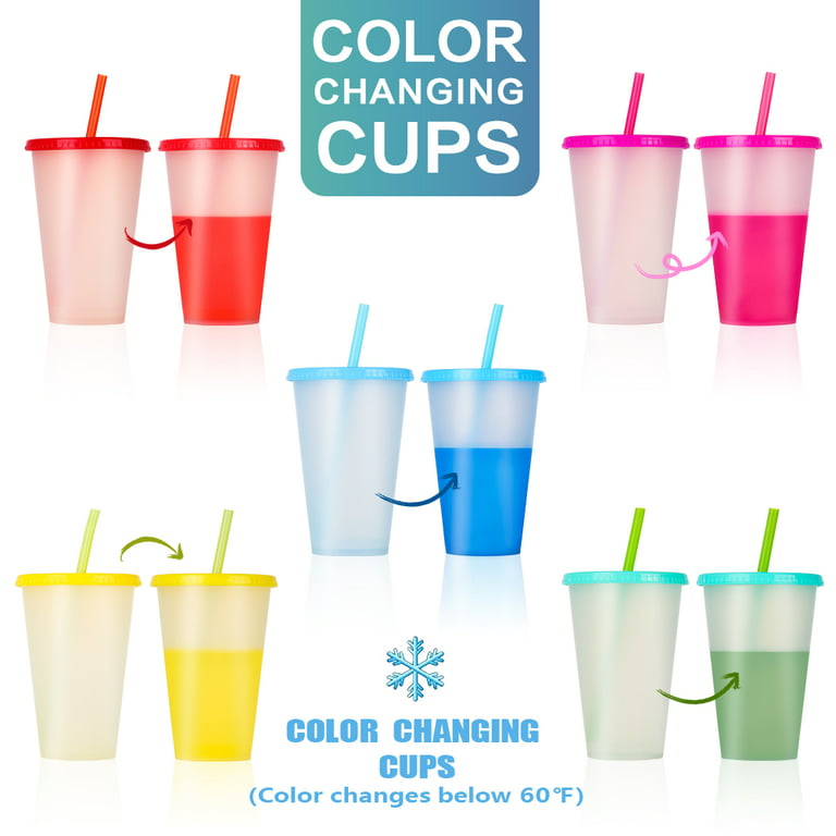 Chainplus Color Changing Cups with Straws & Lids: 12oz Kids Cold Water Drinking Cups 10 Pcs Reusable Plastic Tumbler Bulk, Beige