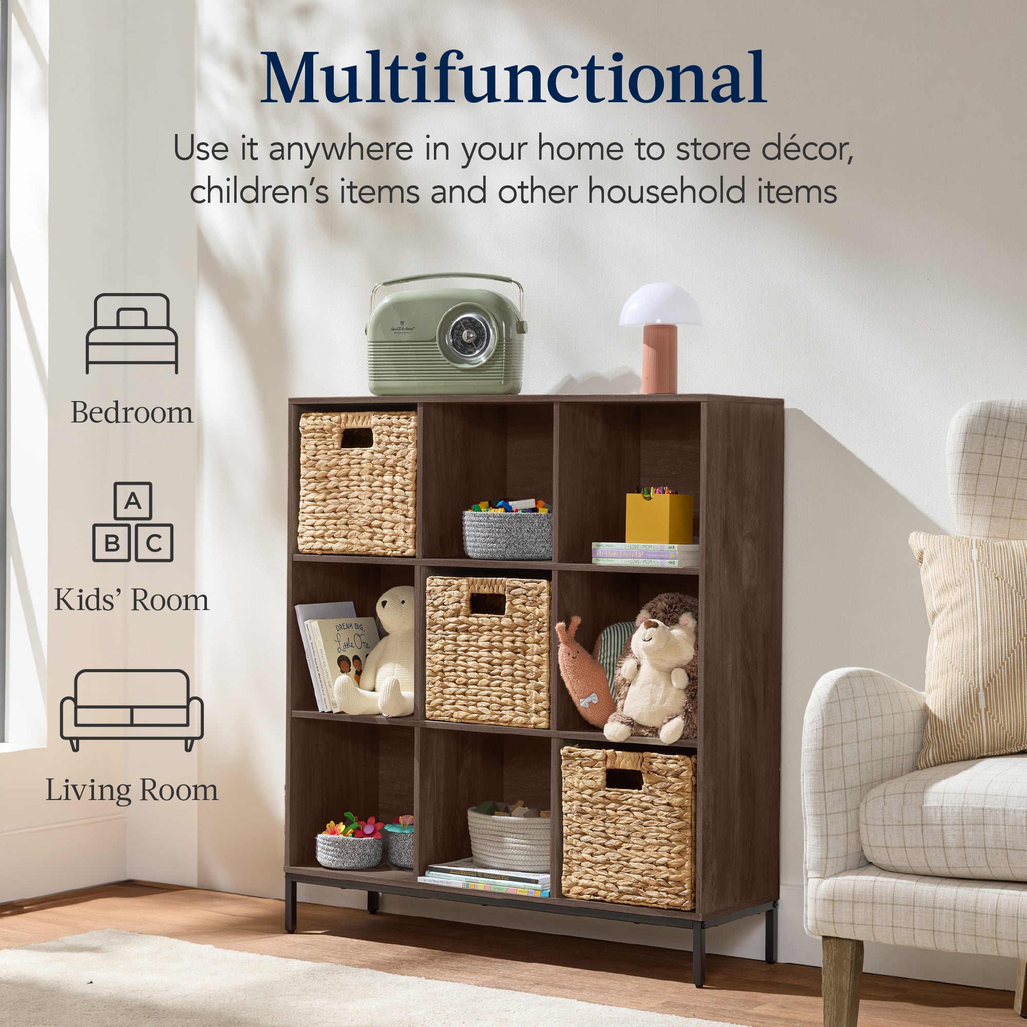 Best Choice Products Elevated 9-Cube Storage Organizer, 11in Shelf, Bookcase, Display Shelf, w/ Metal Legs  Walnut