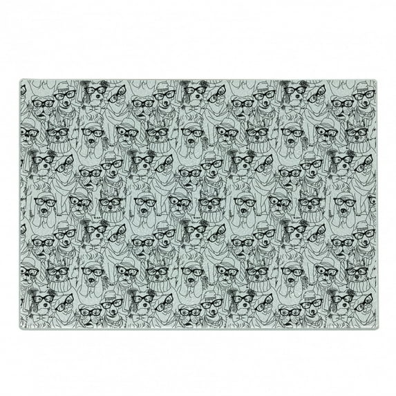 Dog Cutting Board, Monochrome Trace Sketch Pugs Bulldog Terrier with Glasses and Hats Hipster Attire, Decorative Tempered Glass Cutting and Serving Board, Small Size, Black White, by Ambesonne